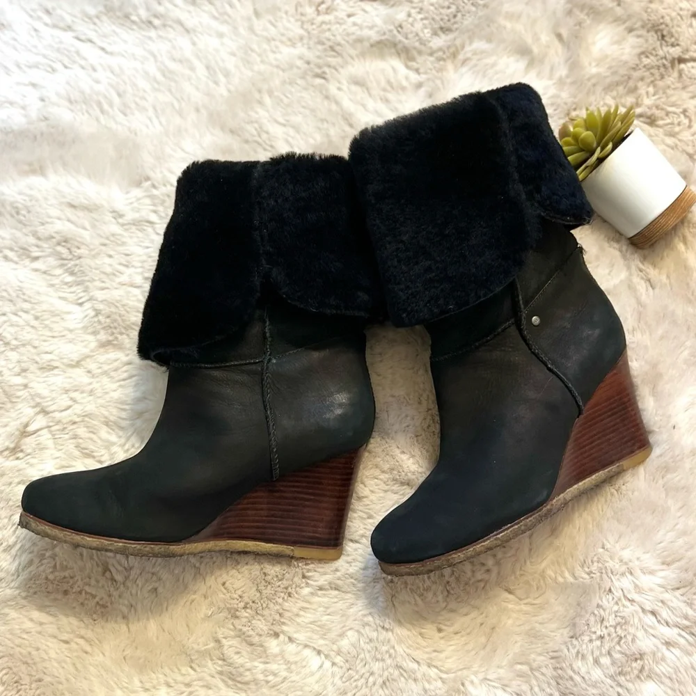 UGG Black Tall Wedge Winter Boots - Picture 4 of 16